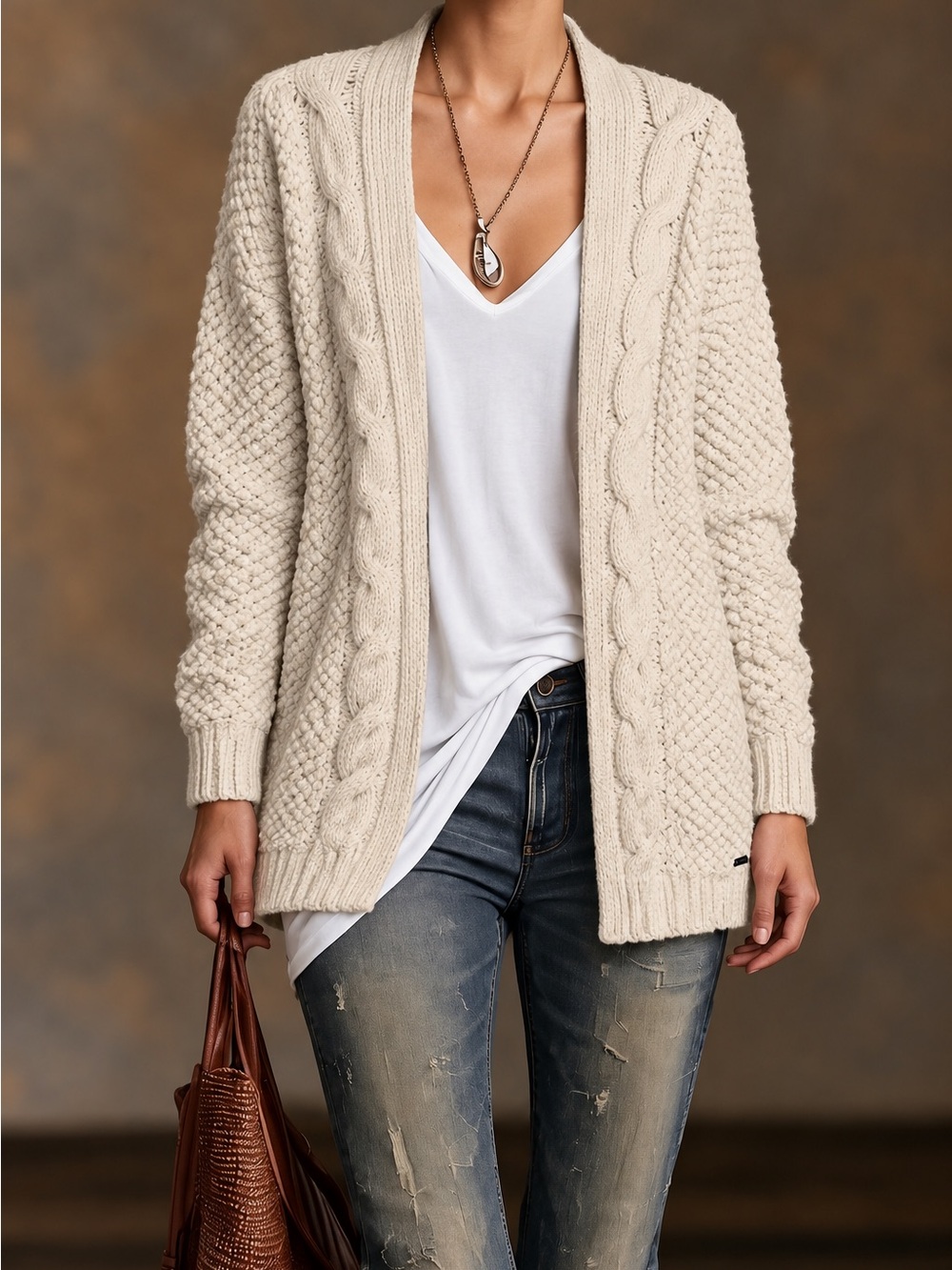 Hollister Womens Medium Cream Cable Knit Open Front Cardigan Cozy Sweater